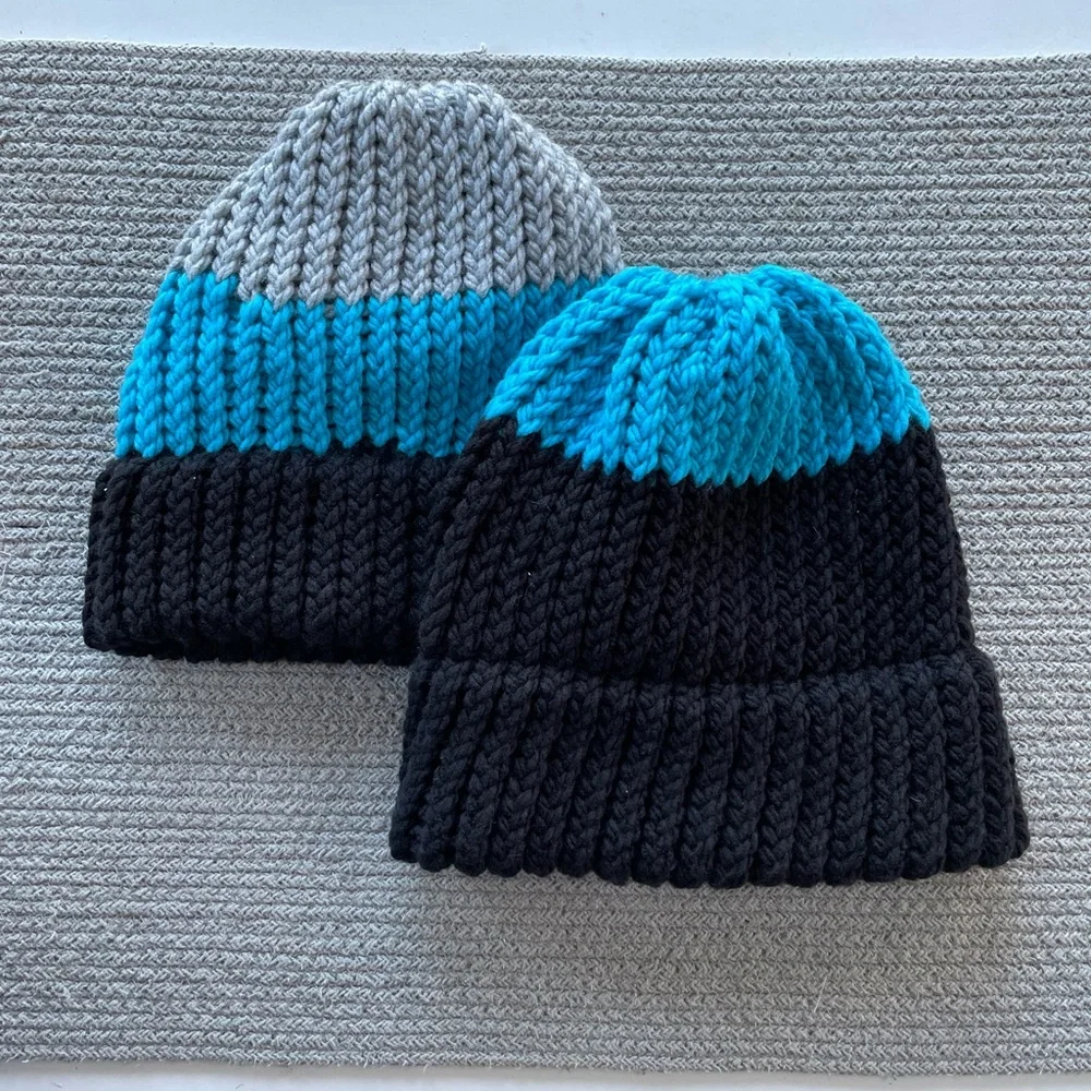 Set/2 Handknit Beanie Winter Hats Gray Turquoise Black Fisherman Aesthetic